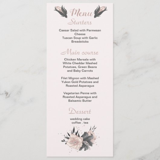 donkergrijze bloemen botanische bruiloft menu (Voorkant)