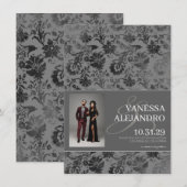 Donkergrijze bloemen save the date (Voorkant / Achterkant)