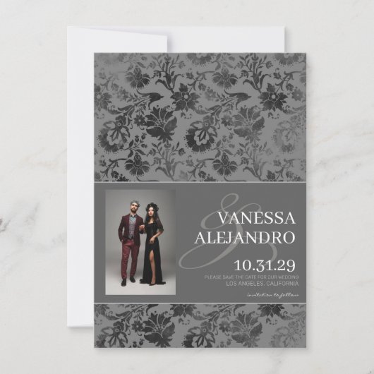 Donkergrijze bloemen save the date (Voorkant)