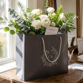 Donkergrijze botanische monogram huwelijks welkom  groot cadeauzakje
