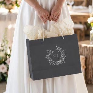 Donkergrijze botanische monogram huwelijks welkom groot cadeauzakje