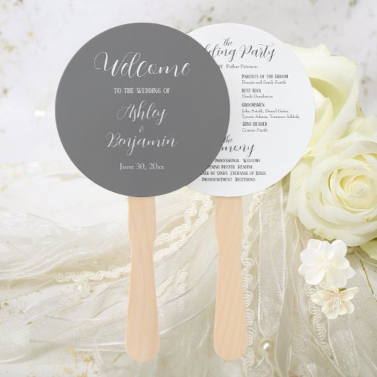 Donkergrijze eenvoudige huwelijksceremonie program handwaaier