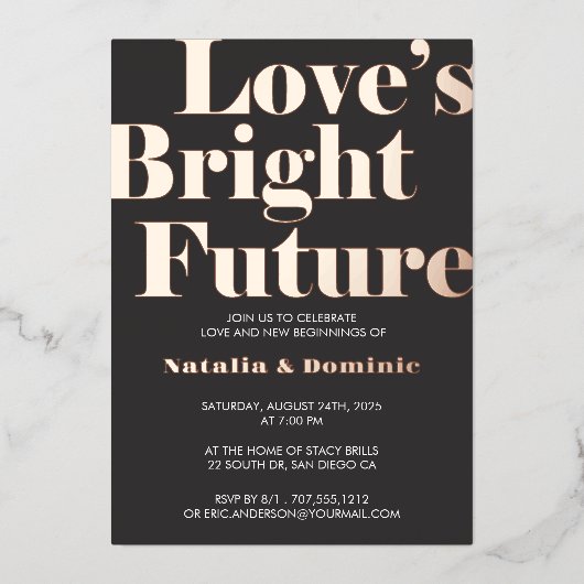 Donkergrijze Folie “Love’s Bright Future” Verlovin Uitnodiging (Voorkant)