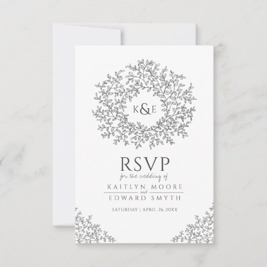 Donkergrijze handgetekende bladmonogram RSVP bruil (Voorkant)