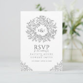 Donkergrijze handgetekende bladmonogram RSVP bruil (Staand voorkant)