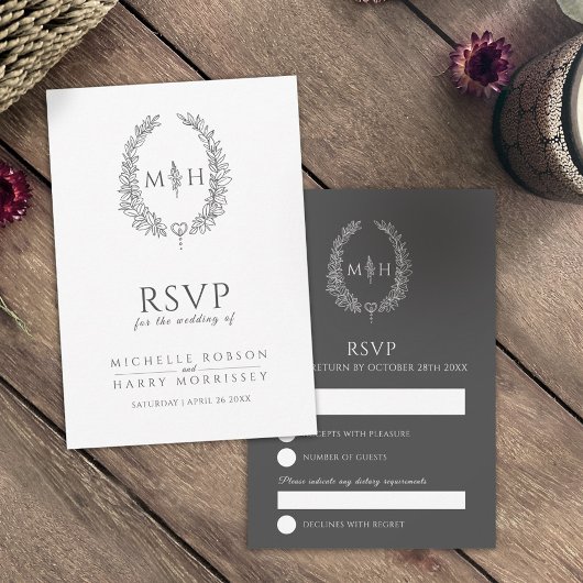 Donkergrijze handgetekende bladmonogram RSVP bruil