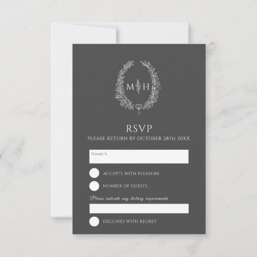 Donkergrijze handgetekende bladmonogram RSVP bruil (Achterkant)