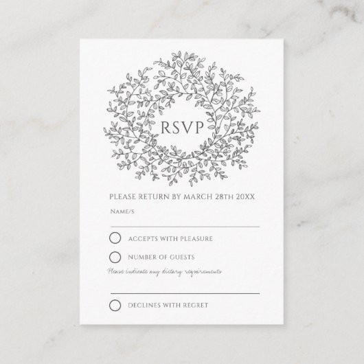 Donkergrijze handgetekende bladmonogram RSVP bruil Informatiekaartje (Achterkant)
