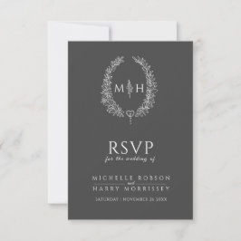 Donkergrijze handgetekende bladmonogram RSVP bruil Kaartje