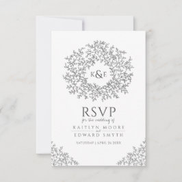 Donkergrijze handgetekende bladmonogram RSVP bruil Kaartje