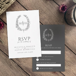 Donkergrijze handgetekende bladmonogram RSVP bruil Kaartje