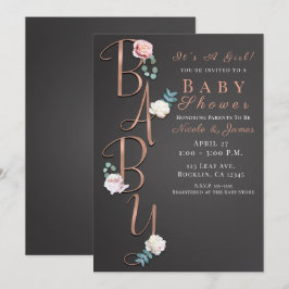 Donkergrijze moderne Floral Baby shower Typografie Kaart