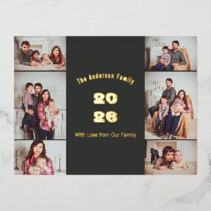 Donkergrijze Moderne Multi Foto Familie Jaar Folie Feestdagen Briefkaart