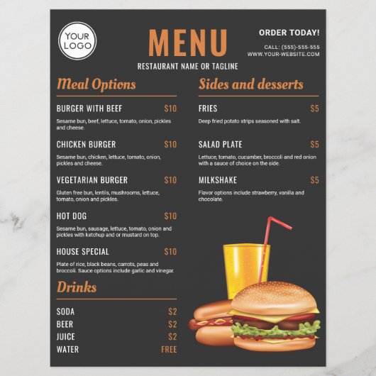 Donkergrijze oranje hamburger hotdog menu prijzen (Voorkant)