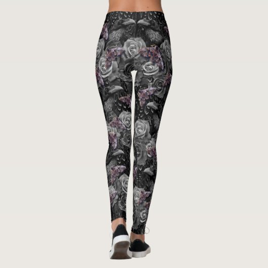 Donkergrijze Raven Evermore met Rozen en Hawkmoths Leggings (Achterkant)