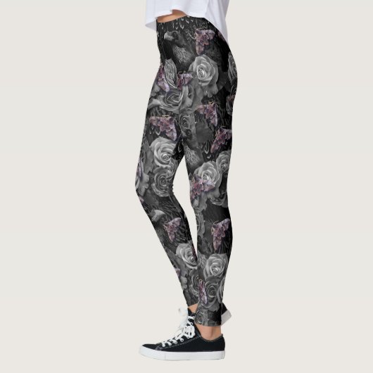 Donkergrijze Raven Evermore met Rozen en Hawkmoths Leggings (Links)