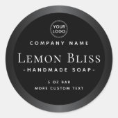 Donkergrijze satijnen rand zwart rond productlabel ronde sticker (Voorkant)