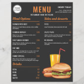 Donkergrijze Sinaasappel Hamburger Hotdog Eet Menu (Voorkant)