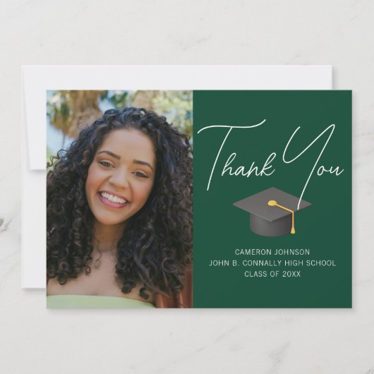 Donkergroen Afstuderen Foto Gepersonaliseerd Afstu Bedankkaart (Voorkant)