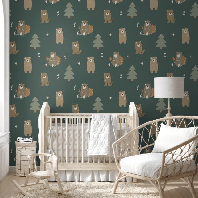 Donkergroen Baby Beer Woodland Wallpaper Behang (Kinderen)