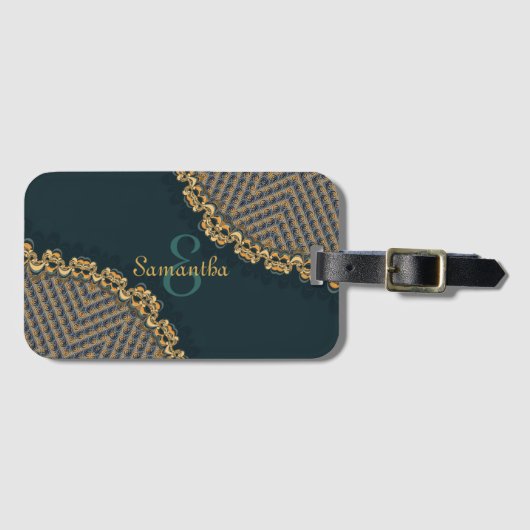 Donkergroen Blauwgroen + goud met aangepaste naam Bagagelabel (Voorkant (horizontaal))