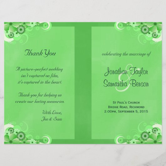 Donkergroen Bloemen Bi Fold Trouwprogramma (Voorkant)