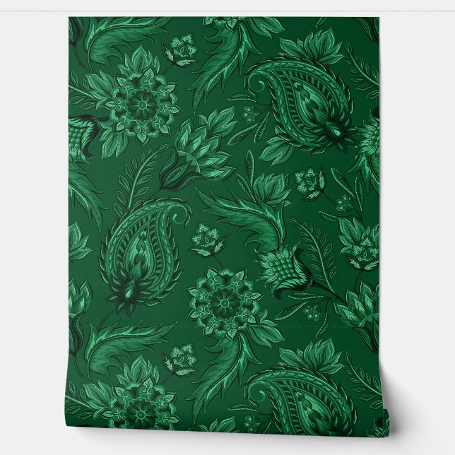 Donkergroen Bloemen Paisley Elegant Behang (Afrollen)
