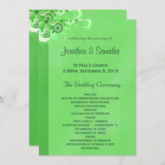 Donkergroen Bloemen Vlak Huwelijksprogramma Sjablo Programmakaart (Voorkant / Achterkant)