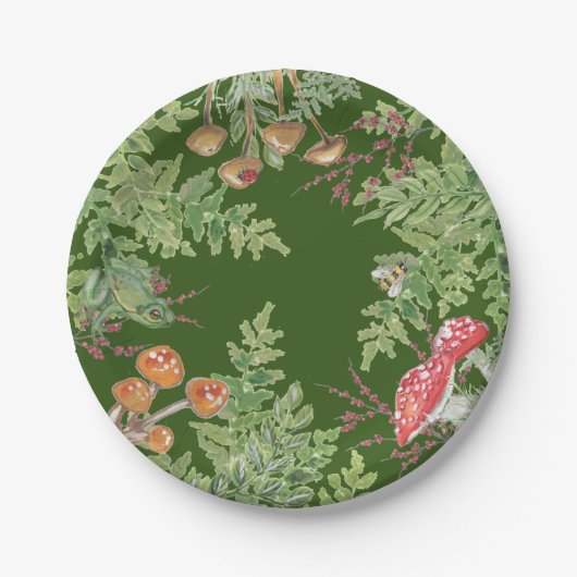 Donkergroen bos Kikker-bijenpaddenstoel Rustisch Papieren Bordje (Voorkant)