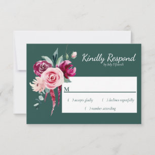 Donkergroen, Bourgogne en Blush Boho RSVP Kaartje
