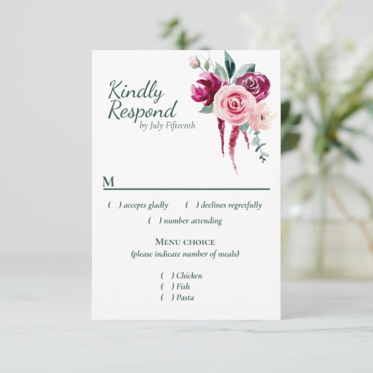 Donkergroen, Bourgogne en Blush Boho RSVP met menu (Staand voorkant)