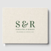 Donkergroen Bruiloft Monogram Beige Linnen Gastenboek (Voorkant)
