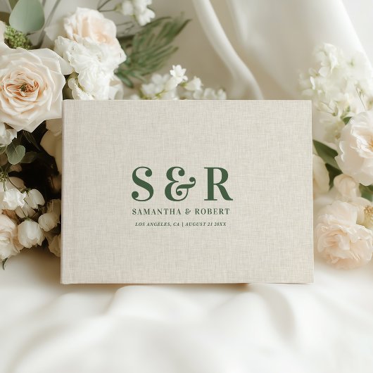Donkergroen Bruiloft Monogram Beige Linnen Gastenboek