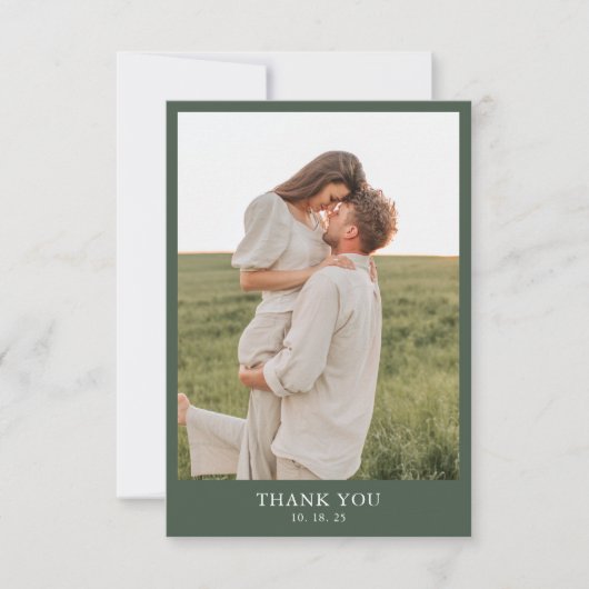 Donkergroen Classy Eenvoudige 2 foto bruiloft Bedankkaart (Voorkant)