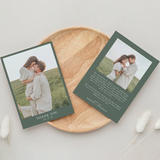 Donkergroen Classy Eenvoudige 2 foto bruiloft Bedankkaart