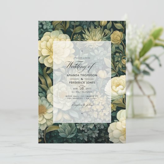 Donkergroen, crème en gouden bloemenbruiloft kaart (Staand voorkant)