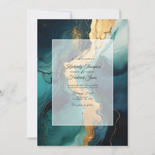 Donkergroen, crème en gouden inkt bruiloft kaart (Voorkant)