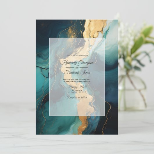 Donkergroen, crème en gouden inkt bruiloft kaart (Staand voorkant)