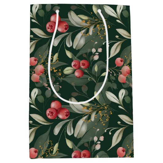 Donkergroen Elegant groen Botanische Kerstmis Medium Cadeauzakje (Voorkant)