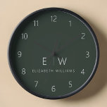 Donkergroen Elegant Modern Minimalistisch Monogram<br><div class="desc">Verbeter uw interieur met onze Classic Elegant Modern Minimalist Monogram wandklok. Dit prachtige uurwerk combineert naadloos tijdloze elegantie met hedendaags minimalisme, en tilt uw leefruimte naar nieuwe niveaus van verfijning. Deze wandklok is vervaardigd met precisie en nauwgezette aandacht voor detail en is meer dan alleen een functioneel accessoire; het is...</div>