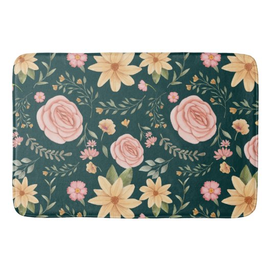 Donkergroen Elegant  Wildbloempatroon Badmat (Voorkant)