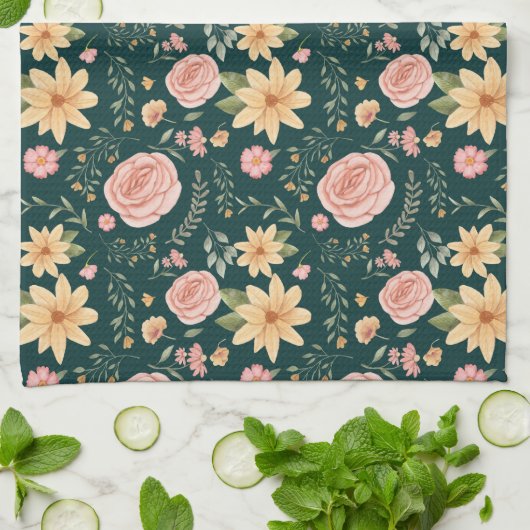 Donkergroen Elegant  Wildbloempatroon Theedoek (Gevouwen)