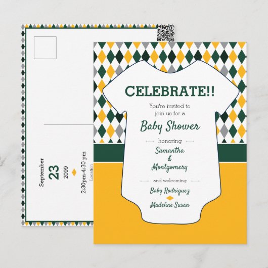 Donkergroen en gele argyle-Baby shower Briefkaart (Voorkant / Achterkant)