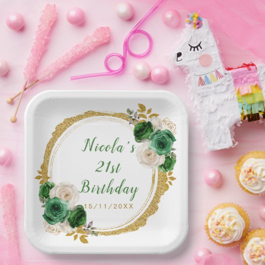 Donkergroen en goud Elegant Bloemen Verjaardagsfee Papieren Bordje (Feest)