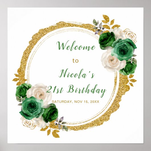 Donkergroen en goud Elegant Bloemen Verjaardagsfee Poster (Voorkant)