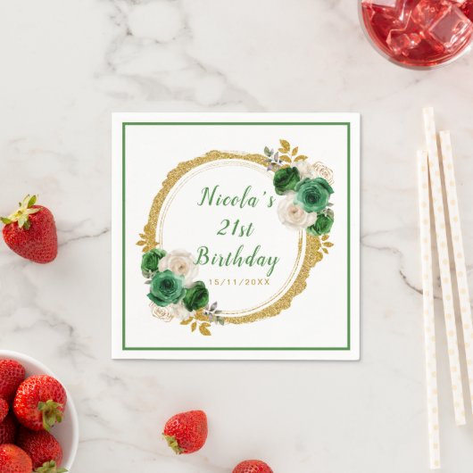 Donkergroen en goud Elegant Bloemen Verjaardagsfee Servet (Insitu)