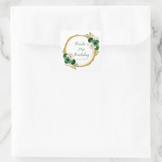 Donkergroen en goud Elegant Bloemen Verjaardagsfee Vierkante Sticker (Tas)