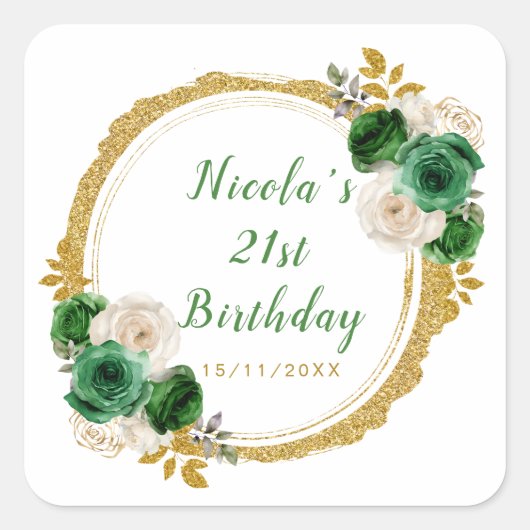 Donkergroen en goud Elegant Bloemen Verjaardagsfee Vierkante Sticker (Voorkant)