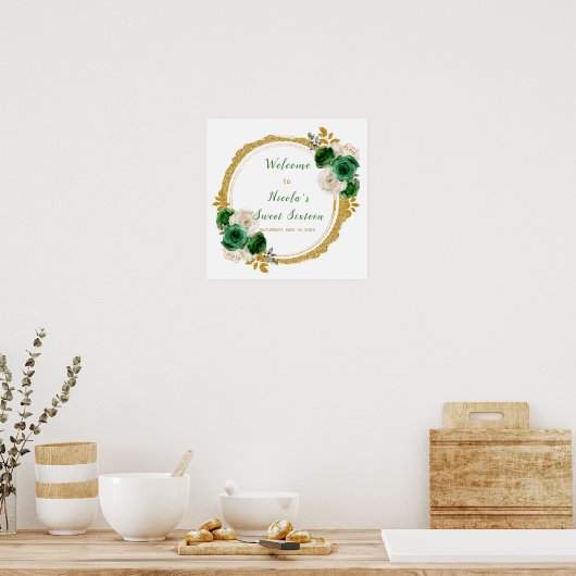 Donkergroen en goud Elegante Bloemen Sweet Sixteen Poster (Keuken)