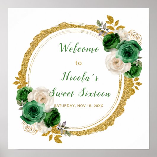 Donkergroen en goud Elegante Bloemen Sweet Sixteen Poster (Voorkant)